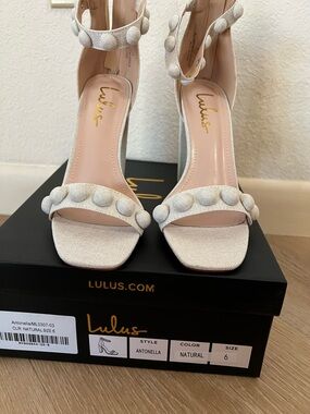 Lulu's Natural Textured Ankle-Strap Block Heels with Button Accents